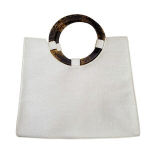 Bechamel Vintage Cream Colored Canvas Handbag with Tortoise Shell Round Handles